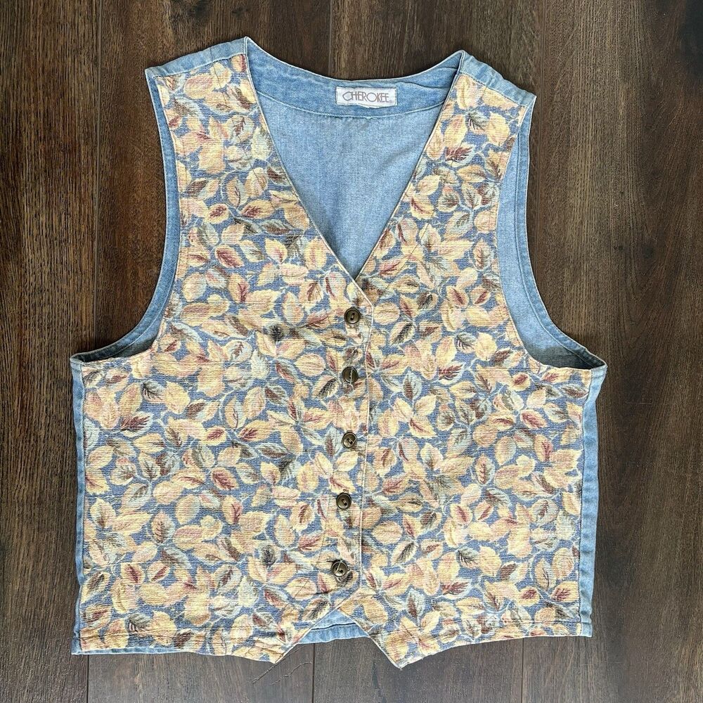 Cherokee Floral Light Denim Vest Womens Cottagecore Vintage 90s Grandma Retro